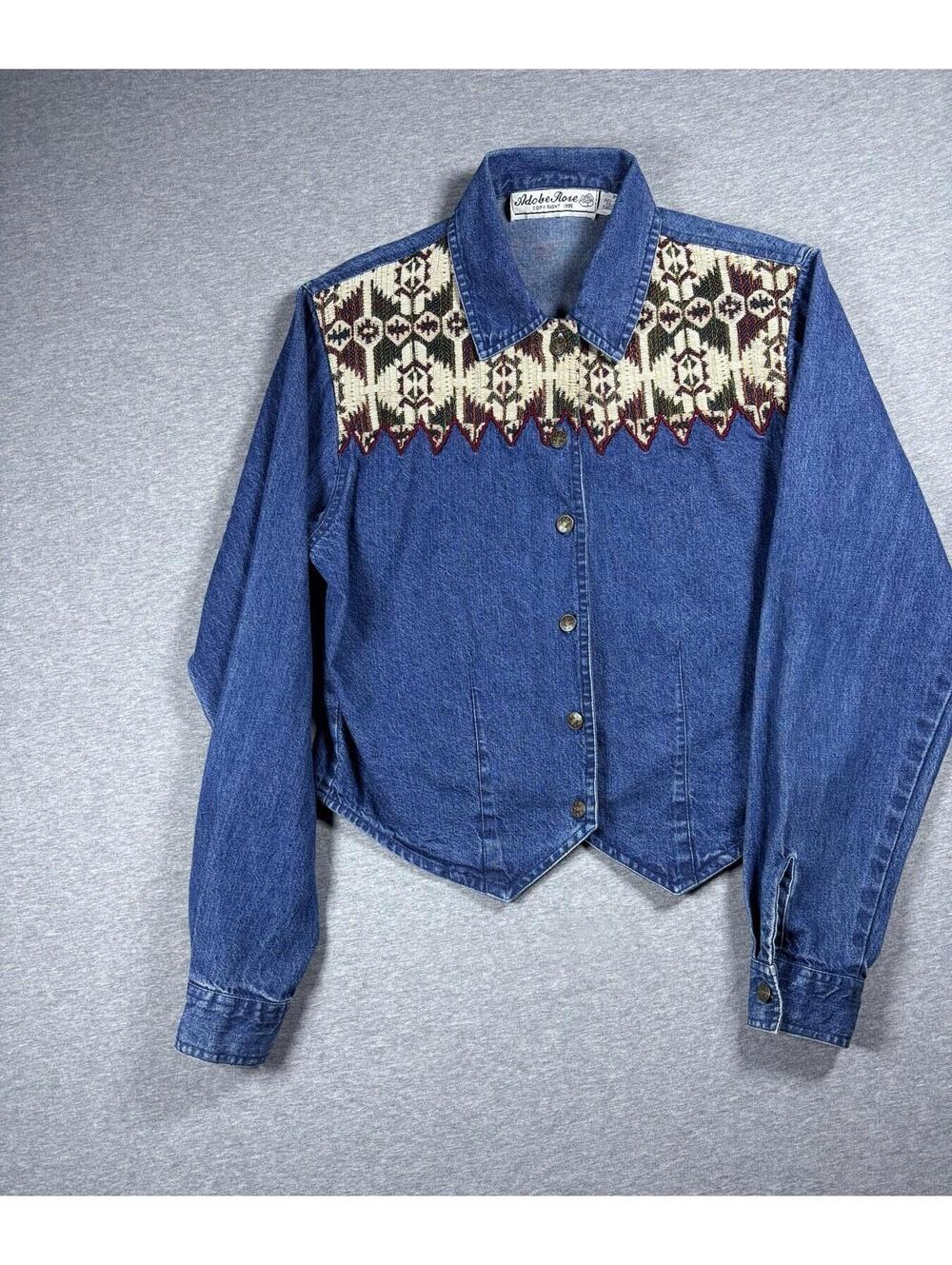 Vintage Western Denim Shirt Women’s MedAztec Tapestry Yoke Cropped Adobe Rose - Picture 3 of 6